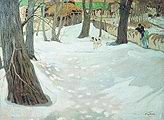 Кликните для увеличения Бродский И. И. Зимний пейзаж с домиком и собакой. 1910-е