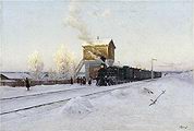 Кликните для увеличения Казанцев В. Г. На полустанке. Зимнее утро на Уральской железной дороге 1891