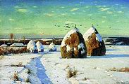Кликните для увеличения Крыжицкий К.Я. Зимний пейзаж со стогами. 1910