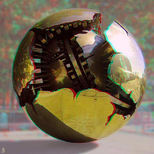 Анаглиф - Скульптура разбитого глобуса возле штаб-квартиры ООН в Нью-Йорке Анаглиф - Скульптура разбитого глобуса возле штаб-квартиры ООН в Нью-Йорке