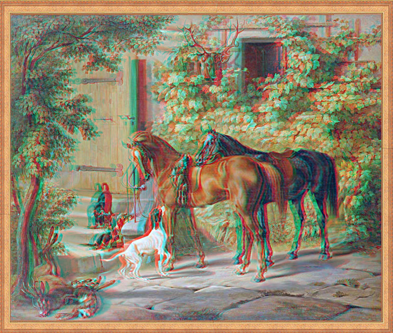 Анаглиф - Адам Альбрехт. Лошади у крыльца Анаглиф - Адам Альбрехт. Лошади у крыльца